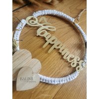 Wandbehang Makramee Happiness/Holzherzen & Trockenblumen Einzugsgeschenk 20cm | Boho Flair von BaLiMi