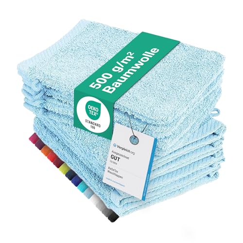 10er Pack Waschhandschuhe, Waschlappen Größe 15x21 cm in Hellblau 100% Baumwolle von BaSaTex