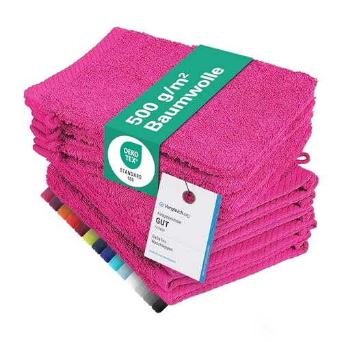 10er Pack Waschhandschuhe, Waschlappen Größe 15x21 cm in Magenta 100% Baumwolle von BaSaTex