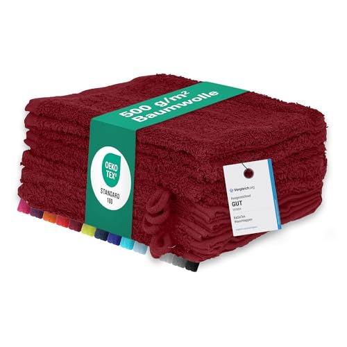 BaSaTex 10er Pack Waschhandschuhe aus 100% weicher und saugstarker Baumwolle | Öko-Tex Made in Green | Waschlappen Set 15x21 cm | Farbe: Bordeaux von BaSaTex
