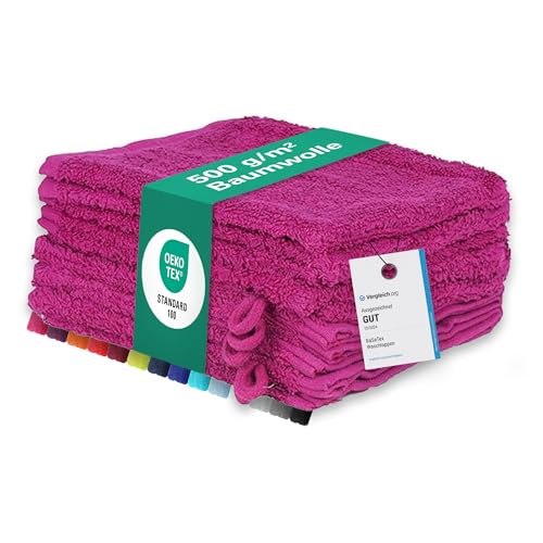 BaSaTex 10er Pack Waschhandschuhe aus 100% weicher und saugstarker Baumwolle | Öko-Tex Made in Green | Waschlappen Set 15x21 cm | Farbe: Magenta von BaSaTex