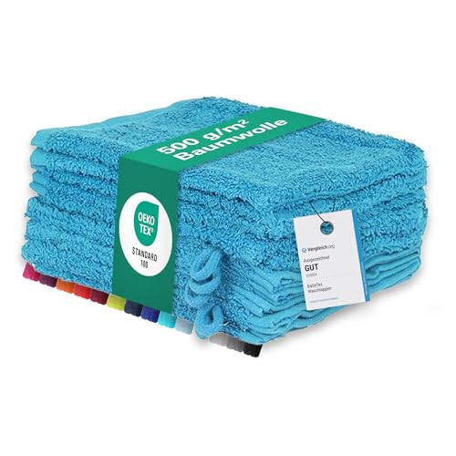 BaSaTex 10er Pack Waschhandschuhe aus 100% weicher und saugstarker Baumwolle | Öko-Tex Made in Green | Waschlappen Set 15x21 cm | Farbe: Türkis BaSaTex 10er Pack Waschhandschuhe aus 100% weicher und saugstarker Baumwolle | Öko-Tex Made in Green | Waschlappen Set 15x21 cm | Farbe: Türkis von BaSaTex