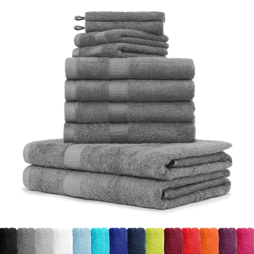 10tlg. Handtuch Set Premium 100% Baumwolle 2 Duschtücher 4 Handtücher 2 Gästetücher 2 Waschhandschuhe Farbe Anthrazit von BaSaTex