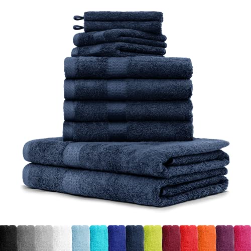 BaSaTex - 10er Pack Handtuch Komplett-Set - Frottee-Handtücher mit Aufhängeschlaufe 4X Handtuch, 2X Duschtuch, 2X Gästetuch, 2X Waschhandschuh Öko-Tex Made in Green Zertifiziert - Navy von BaSaTex