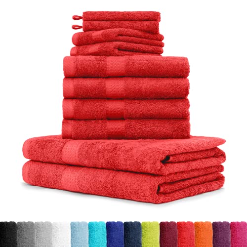 10tlg. Handtuch Set Premium 100% Baumwolle 2 Duschtücher 4 Handtücher 2 Gästetücher 2 Waschhandschuhe Farbe Rot von BaSaTex