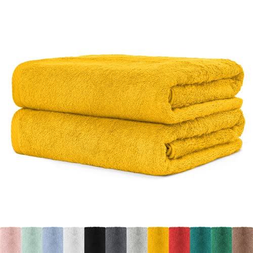 BaSaTex - 2er Set XXL Saunatuch Baumwolle in 80x200 cm - Saunahandtuch Badetuch aus hochwertigem Frottee mit Aufhängeschlaufe - Großes Strandtuch Öko-Tex Made in Green Zertifiziert - Mustard von BaSaTex