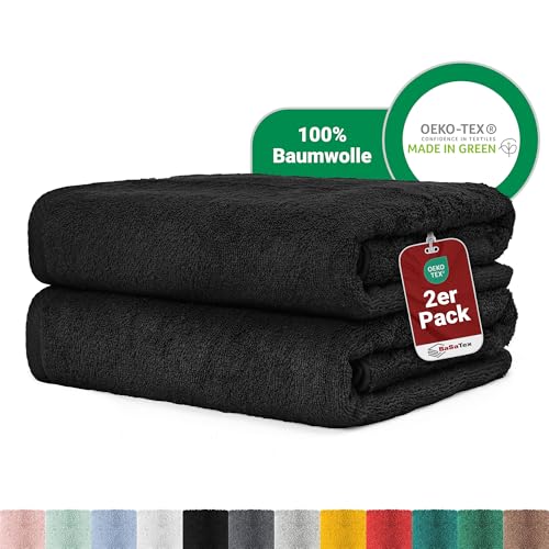 BaSaTex - 2er Set XXL Saunatuch Baumwolle in 80x200 cm - Saunahandtuch Badetuch aus hochwertigem Frottee mit Aufhängeschlaufe - Großes Strandtuch Öko-Tex Made in Green Zertifiziert - Schwarz von BaSaTex