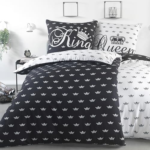 BaSaTex 4 teilig Microfaser Partner Bettwäsche Set Queen King 2X 155x220 2X 80x80 cm Weiss Schwarz von BaSaTex