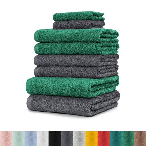 BaSaTex - 8er Pack Handtuch Komplett-Set - Frottee-Handtücher mit Aufhängeschlaufe 4X Handtuch, 2X Duschtuch, 2X Gästetuch - Premium Gästetücher Öko-Tex Standard 100 Zertifiziert - Anthrazit Smaragd von BaSaTex