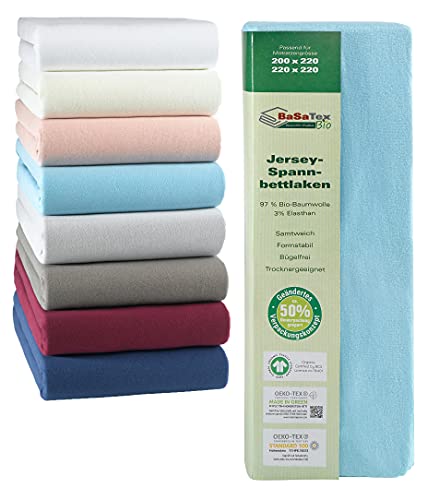 BaSaTex Bio Jersey Premium Spannbettlaken | Spennbetttuch für Wasserbetten und Boxspringbetten | 97% Baumwolle GOTS Zertifiziert + 3% Elasthan | 200x220-220x220 + 42cm Steghöhe | Farbe: Hellblau von BaSaTex