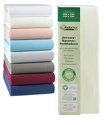 BaSaTex Bio Jersey Premium Spannbettlaken | Spennbetttuch für Wasserbetten und Boxspringbetten | 97% Baumwolle GOTS Zertifiziert + 3% Elasthan | 200x220-220x220 + 42cm Steghöhe | Farbe: Natur von BaSaTex