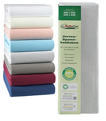 BaSaTex Bio Jersey Premium Spannbettlaken | Spennbetttuch für Wasserbetten und Boxspringbetten | 97% Baumwolle GOTS Zertifiziert + 3% Elasthan | 200x220-220x220 + 42cm Steghöhe | Farbe: Silber von BaSaTex