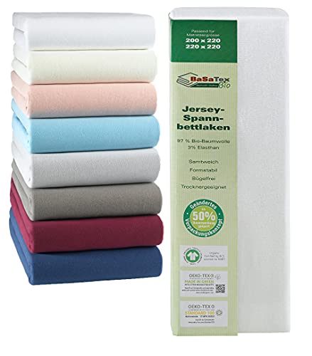 BaSaTex Bio Jersey Premium Spannbettlaken | Spennbetttuch für Wasserbetten und Boxspringbetten | 97% Baumwolle GOTS Zertifiziert + 3% Elasthan | 200x220-220x220 + 42cm Steghöhe | Farbe: Weiss von BaSaTex