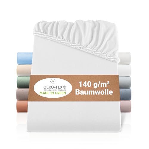 BaSaTex Bio Jersey Boxspringbett & Wasserbett Spannbettlaken 200x220 cm - 40 cm Steghöhe - Spannbetttuch aus 100% Bio Baumwolle GOTS-Zertifiziert - 200 x 220 cm - Farbe: Weiss von BaSaTex