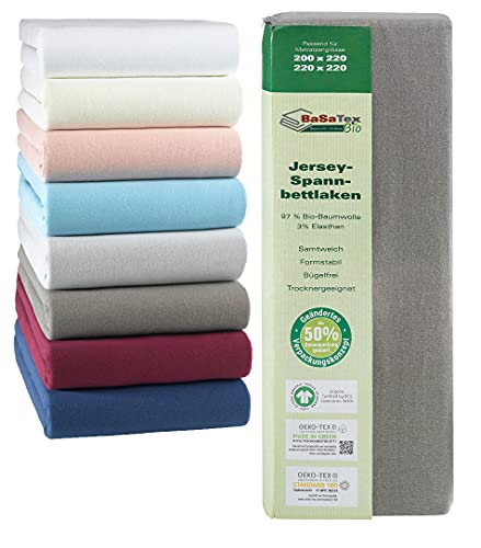 BaSaTex Bio Wasserbetten und Boxspringbetten Jersey Spannbettlaken | 97% GOTS-Zertifizierte Baumwolle + 3% Elasthan | Rundumgummi |200 x 220cm + 42cm Steghöhe | Anthrazit Grau von BaSaTex