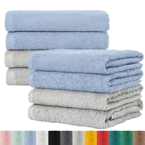 BaSaTex Frottee Handtücher 50x100 im 8er Pack aus 100% Baumwolle - Made in Green Zertifiziert - mit Aufhängeschlaufe - Farbe: Grau Rauchblau von BaSaTex