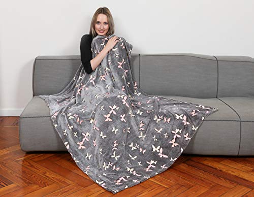 BaSaTex Kanguru Decke 130x170 cm Ultra Soft Kuscheldecke Sofadecke Fernsehdecke Wohndecke Schmetterling Grau von BaSaTex