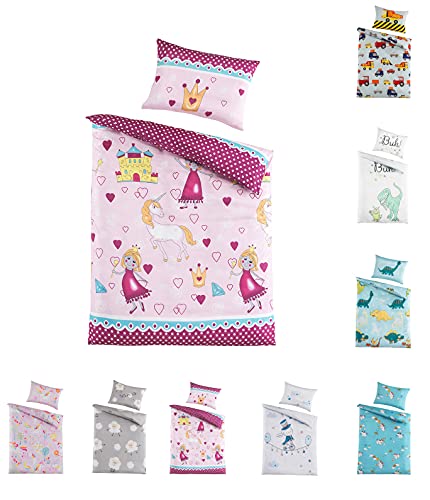 BaSaTex Kinder Baby Bettwäsche Set für Mädchen und Jungen | 100x135 cm + 40x60 cm | 100% Polyester Mikrofaser | Reißverschluss | Prinzessin - Einhorn – Herzen | rosa von BaSaTex