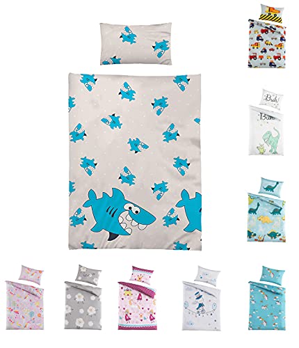 BaSaTex Kinder Baby Bettwäsche Set für Mädchen und Jungen | 100x135 cm + 40x60 cm | 100% Polyester Mikrofaser | Reißverschluss | Sharky Hai| blau/Silber von BaSaTex