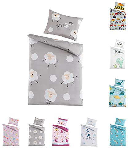 BaSaTex Kinder Baby Bettwäsche Set für Mädchen und Jungen | 100x135 cm + 40x60 cm | 100% Polyester Mikrofaser | Reißverschluss | Süße Träume - Schafe und Wolken | grau/weiß von BaSaTex