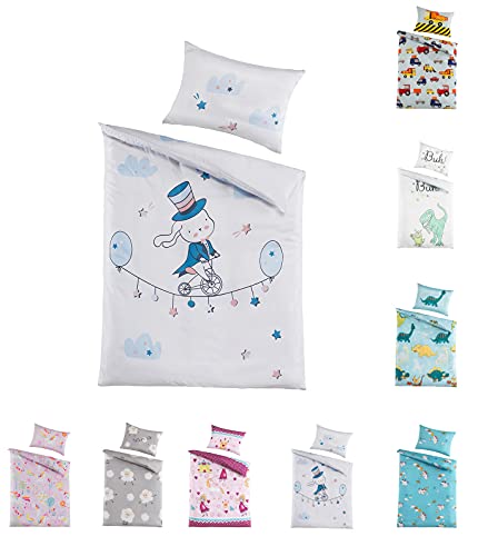 BaSaTex Kinder Baby Bettwäsche Set für Mädchen und Jungen | 100x135 cm + 40x60 cm | 100% Polyester Mikrofaser | Reißverschluss | Zirkus Hasi – Hase | blau/weiß von BaSaTex