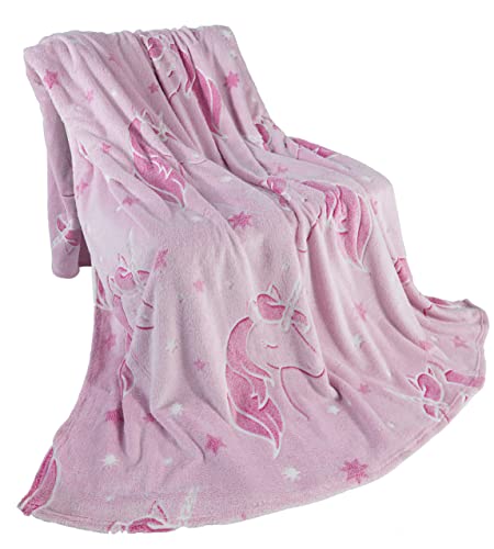 BaSaTex Kinder Flanell Kuscheldecke | 150x200 cm Sofadecke | leuchtet im Dunkeln | Glow in The Dark | Einhorn - Pink von BaSaTex