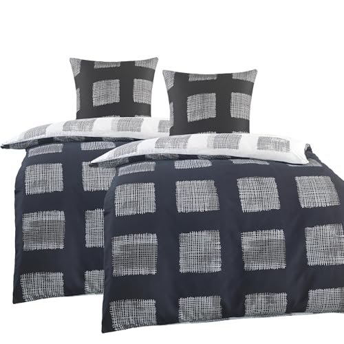 BaSaTex Microfaser Partner Bettwäsche mit Wendemotiv | 2X 135x200 Bettbezug + 2X 80x80 Kissenbezug | Mikrofaser Bettwäsche Set 4 teilig für Paare | Design: Jubi Schwarz Weiss von BaSaTex