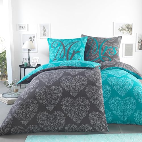 BaSaTex Microfaser Partner Bettwäsche mit Wendemotiv | 2X 155x220 Bettbezug + 2X 80x80 Kissenbezug | Mikrofaser Bettwäsche Set 4 teilig für Paare | Design: Ornaments Hearts Turquoise von BaSaTex