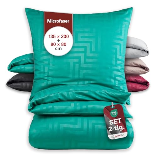 BaSaTex Mikrofaser Bettwäsche im Prägedruck 2 teilig 135x200 + 80x80 | mit Reißverschluss | Allergiker geeignet und ÖkoTex Zertifiziert | Labyrinth Smaragd Grün von BaSaTex