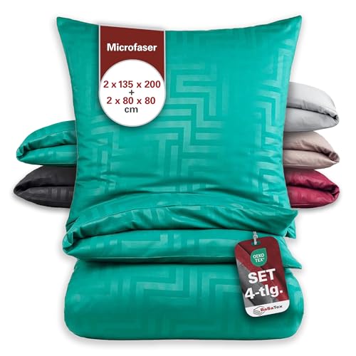 BaSaTex Mikrofaser Bettwäsche im Prägedruck 4 teilig 2X 135x200 + 2X 80x80 | mit Reißverschluss | Allergiker geeignet und ÖkoTex Zertifiziert | Labyrinth Smaragd Grün von BaSaTex