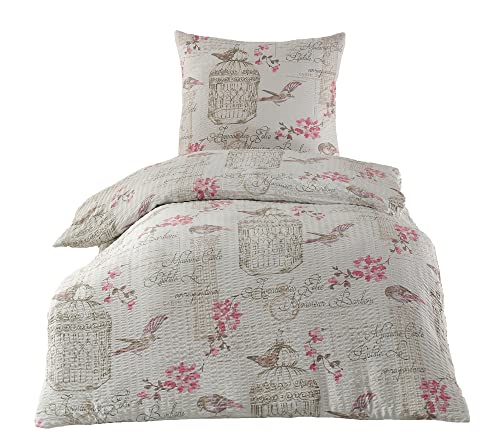 BaSaTex Mikrofaser Seersucker Bettwäsche Set - bügelfreie Microfaser Bettgarnitur Öko-Tex Zertifiziert - 135x200 cm + 80x80 cm - Design: Bird von BaSaTex