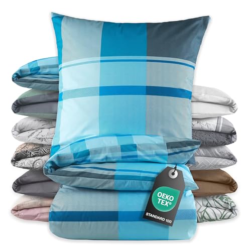 BaSaTex Bettwäsche 135x200 Baumwolle Set 2 teilig - 100% Baumwolle - 1x Deckenbezug 135 x 200 cm + 1x Kissenbezug 80x80 cm - Reißverschluss - Josef Petrol von BaSaTex