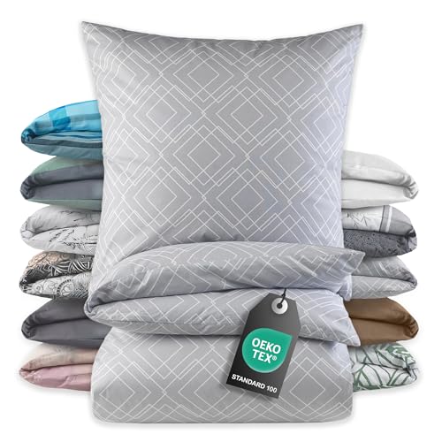 BaSaTex Bettwäsche 135x200 Baumwolle Set 2 teilig - 100% Baumwolle - 1x Deckenbezug 135 x 200 cm + 1x Kissenbezug 80x80 cm - Reißverschluss - Squares von BaSaTex