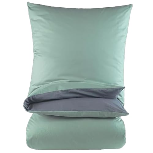 BaSaTex Bettwäsche 135x200 Baumwolle Set 4 teilig - 100% Baumwolle - 2X Deckenbezug 135 x 200 cm + 2X Kissenbezug 80x80 cm - Reißverschluss - Grau/Salbei von BaSaTex