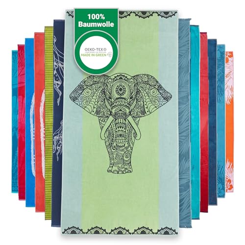 BaSaTex Strandtuch Baumwolle 90x180 cm Strandlaken Badetuch aus Frottee Velours | 100% Baumwolle | Design Elefant Grün Schwarz von BaSaTex