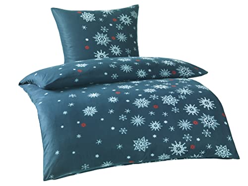 BaSaTex Winter Flausch Bettwäsche Bett Garnitur 2-teiliges Set | 135x200 + 80x80 cm | 100% Microfaser Fleece Thermofleece | Schneeflocken Smaragd von BaSaTex