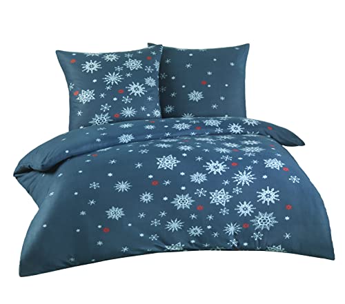 BaSaTex Winter Flausch Bettwäsche Bett Garnitur 3-teiliges Set | 200x200 + 2X 80x80 cm | 100% Microfaser Fleece Thermofleece | Schneeflocken Smaragd von BaSaTex