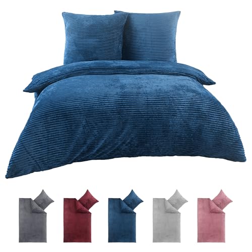 BaSaTex Winter Plüsch Bettwäsche Set | 200x200 cm Deckenbezug + 2X 80x80 cm Kissenbezug | Cashmere-Touch Coral Fleece,Rip-Cord“ | Reißverschluss | Blau von BaSaTex