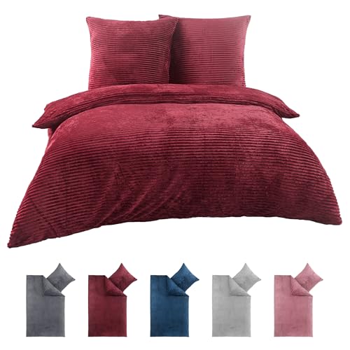 BaSaTex Winter Plüsch Bettwäsche Set | 200x200 cm Deckenbezug + 2X 80x80 cm Kissenbezug | Cashmere-Touch Coral Fleece,Rip-Cord“ | Reißverschluss | Bordeaux von BaSaTex