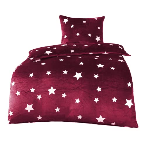 BaSaTex Winter Plüsch Bettwäsche Set Sterne Nicky-Teddy Cashmere-Touch | 135x200 155x220 + 80x80 Kissenbezug | Größe: 135x200 | Farbe: Bordeaux Rot von BaSaTex