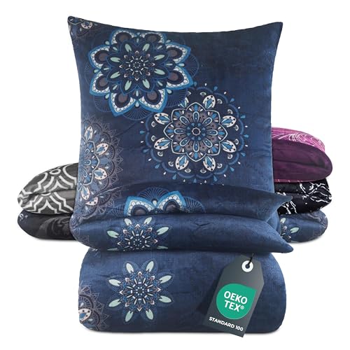 BaSaTex Winter Plüsch Cashmere Touch Bettwäsche Set Nicky Teddy Flausch Coral Fleece | 135x200 Bettbezug + 80x80 Kissenbezug | Design: Mandala Blau von BaSaTex