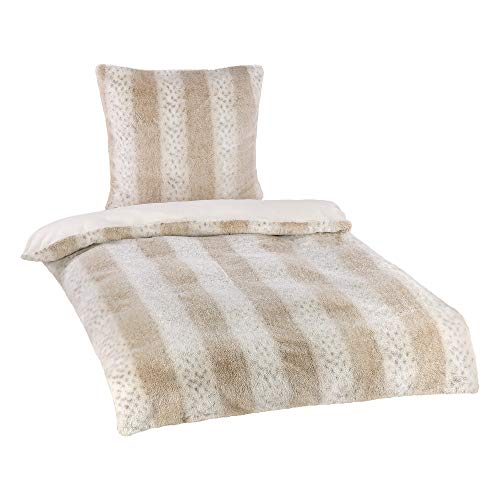 BaSaTex Winter Plüsch Flausch Bettwäsche Bett Garnitur 2-teiliges Set|135x200 cm + 80x80 cm | Schnee Leopard | Chinchilla Fellimitat | Weiß Beige Grau von BaSaTex