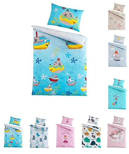 Kinder Baby Bettwäsche Set für Mädchen und Jungen | 100x135 cm + 40x60 cm | 100% Baumwolle Renforcé | Reißverschluss | Boote – Schiffe | blau von BaSaTex