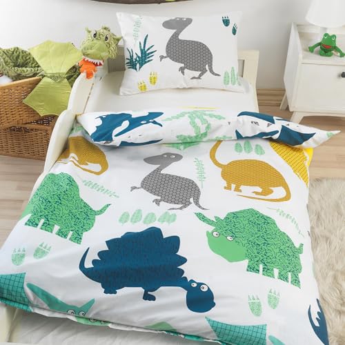 Kinder Baby Bettwäsche Set für Mädchen und Jungen | 100x135 cm + 40x60 cm | 100% Baumwolle Renforcé | Reißverschluss | Dino Welt – Dinosaurier | bunt von BaSaTex