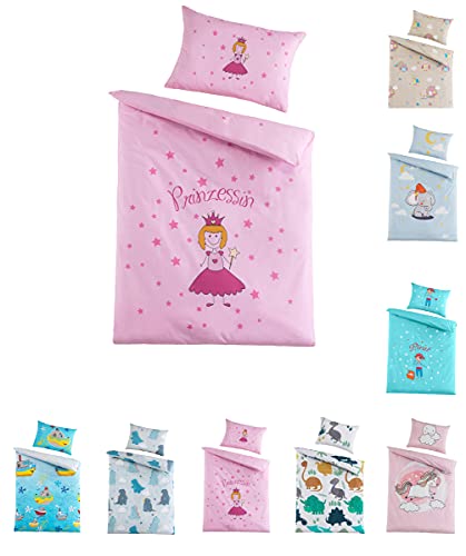 Kinder Baby Bettwäsche Set für Mädchen und Jungen | 100x135 cm + 40x60 cm | 100% Baumwolle Renforcé | Reißverschluss | Prinzessin – Sterne | pink/rosa von BaSaTex