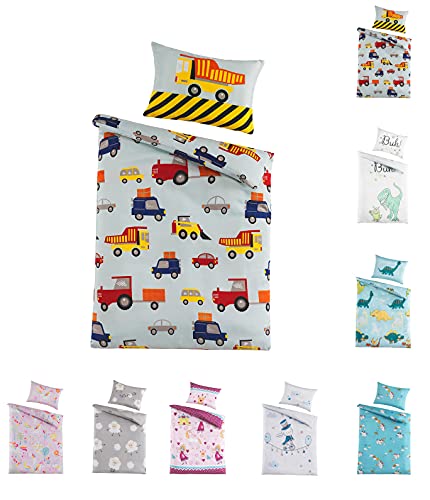 Kinder Baby Bettwäsche Set für Mädchen und Jungen | 100x135 cm + 40x60 cm | 100% Polyester Mikrofaser | Reißverschluss | Baustelle – Bagger und Autos | blau von BaSaTex