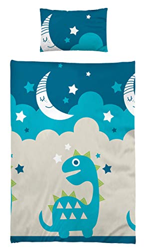 Kinderbettwäsche Babybettwäsche 100x135 cm 40x60 cm 100% Baumwolle Kleinkinder Bettwäsche Set Moon Sterne Baby Dino Blau von BaSaTex