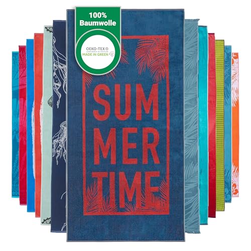 BaSaTex - Strandtuch Baumwolle in 90x180 cm - Strandlaken Badetuch aus Frottee Velours mit Aufhängeschlaufe - Saunatuch Öko-Tex Standard 100 Zertifiziert - Modell Summer Time Blau Rot Design von BaSaTex