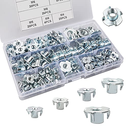 110 Stk Vier-Prong T-Nüsse Kits, Einschlagmuttern mit 4 Einschlagspitzen Verzinkte Gewinde T-Nüsse Sortiment, für Holz, Möbelherstellung, Kletterwand(M4/M5/M6/M8/M10) von BaTeYa