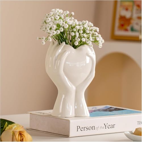 20cm Herz Hand Keramik Moderne Blumenvase für Wohnzimmer, Schlafzimmer Deko Aesthetic Nordic Stil für Zuhause, Büro, Couchtisch Regal Dekoration Geschenkidee für Frauen, Mama, Beste Freundin (Weiß) von Baannaww
